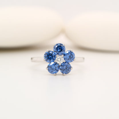 Cherry blossom ring with laboratory grown sapphire in sterling silver