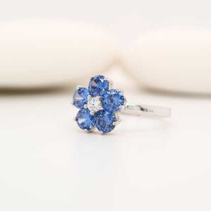 Cherry blossom ring with laboratory grown sapphire in sterling silver