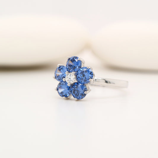 Cherry blossom ring with laboratory grown sapphire in sterling silver