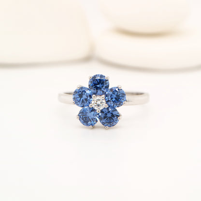 Cherry blossom ring with laboratory grown sapphire in sterling silver