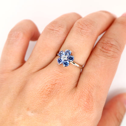 Cherry blossom ring with laboratory grown sapphire in sterling silver