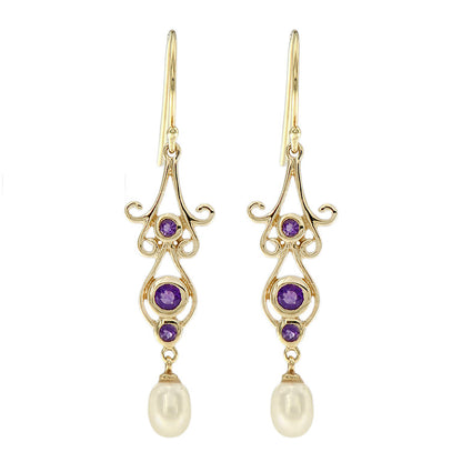 Vintage pearl drop earrings with Amethyst in yellow gold