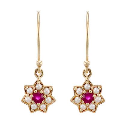 Star earring with Ruby and Pearl in 9k Yellow gold