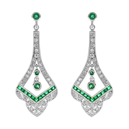 Edwardian chandelier earrings with channel set emeralds and CZ in Sterling Silver