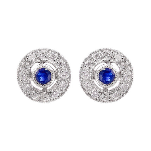 Art Deco sapphire studs with diamond halo in 9k white gold