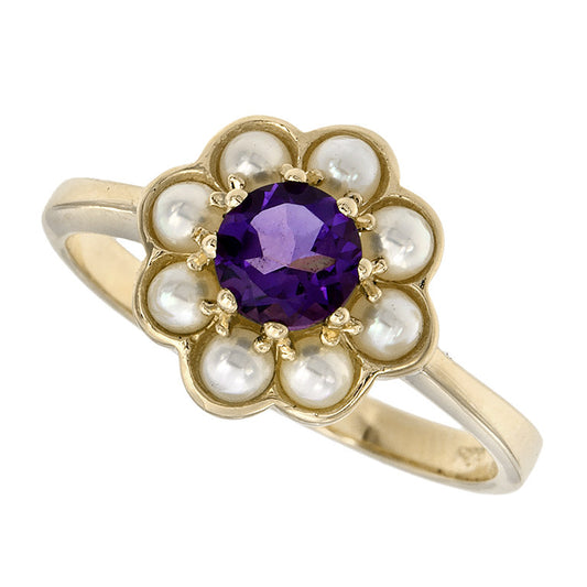 Amethyst with pearl halo ring in 9k yellow gold