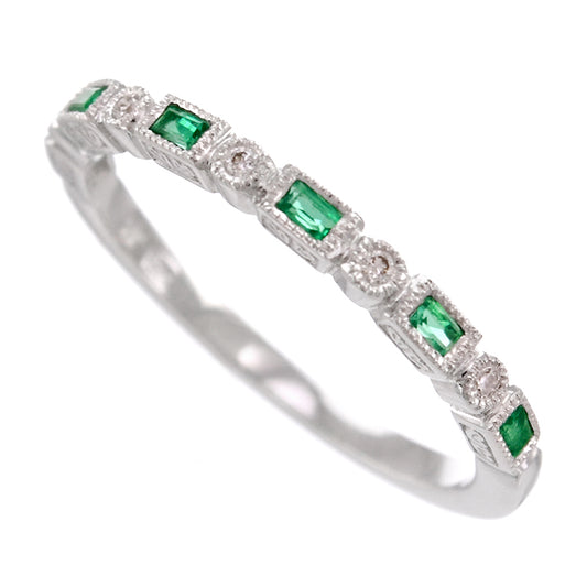Art deco half set band in solid white gold with emeralds and diamonds
