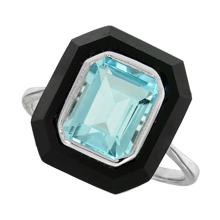 Art deco style ring in solid white gold, blue topaz and onyx