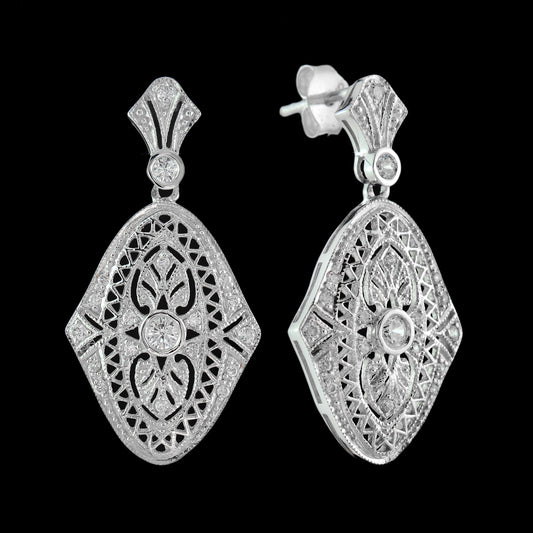 Art deco natural diamond drop earrings in 9k white gold