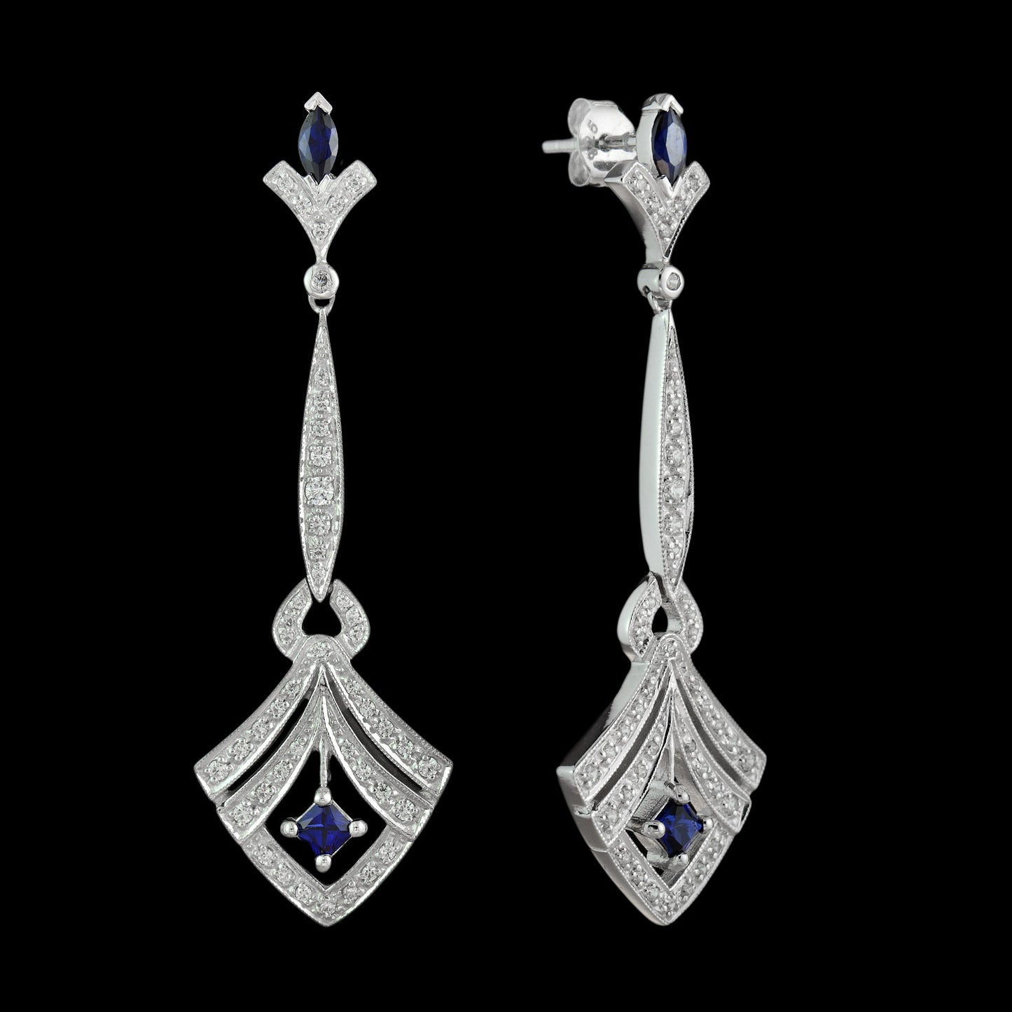 Art deco drop earrings with laboratory grown sapphire and cz in sterling silver