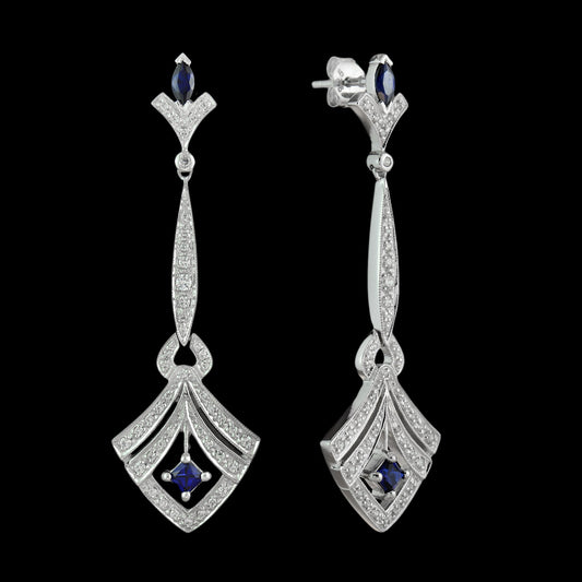 Art deco drop earrings with laboratory grown sapphire and cz in sterling silver